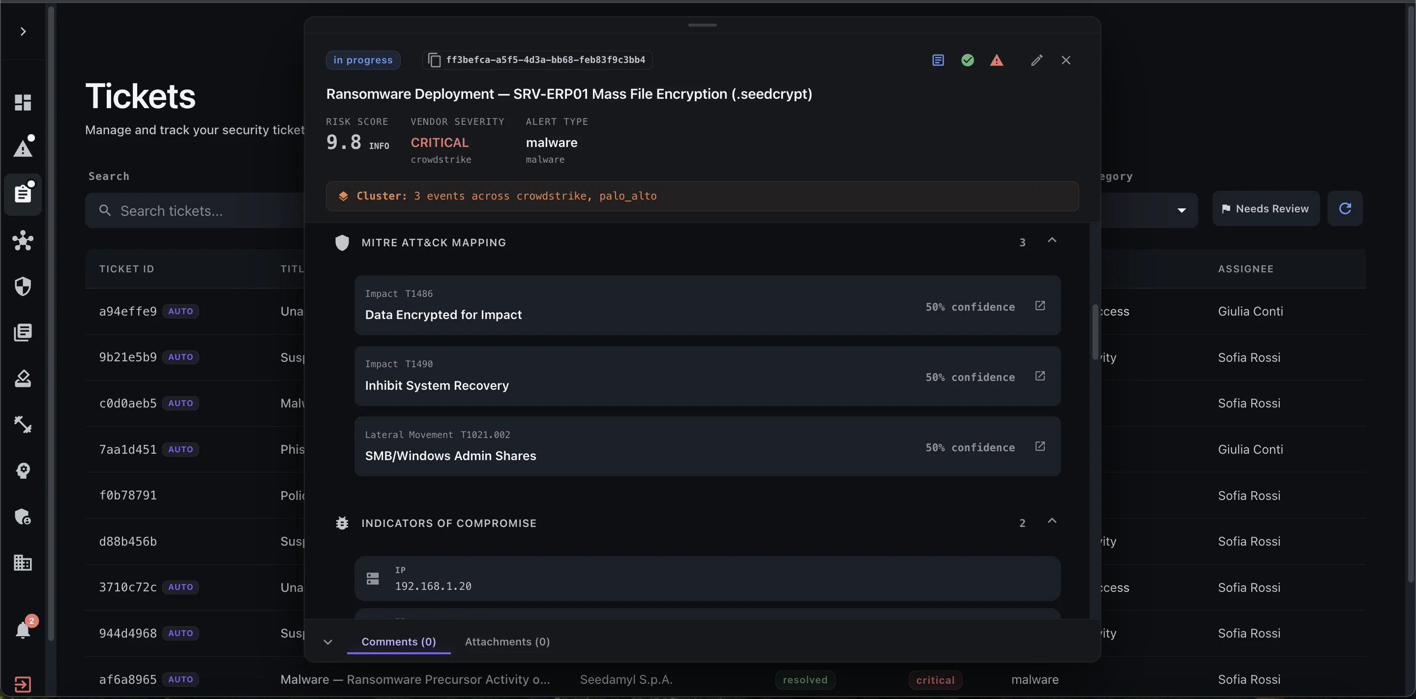 SOCmate ticket details view with AI recommendation cards showing MITRE ATT&CK tags, verdict, and root cause analysis
